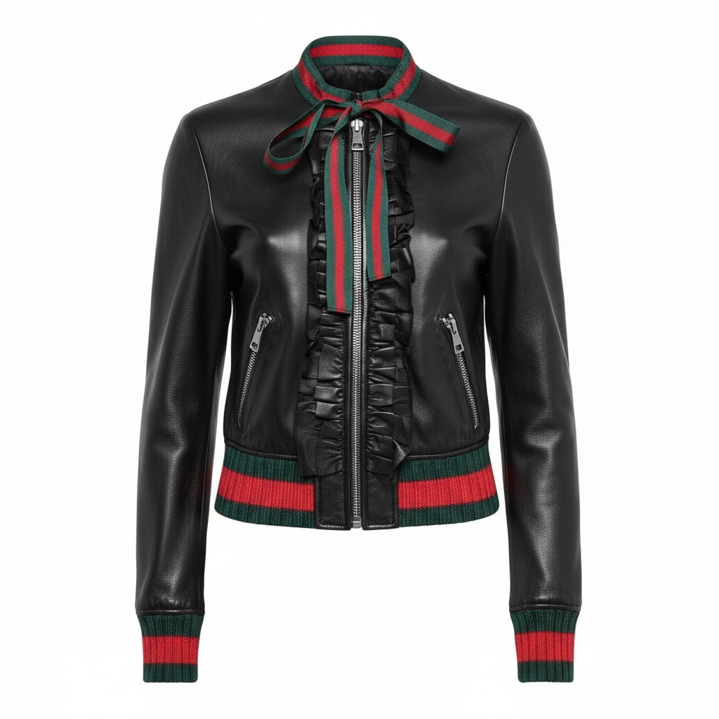 Women’s Black Leather Bomber Jacket with Iconic Stripe Accent