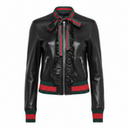 Women’s Black Leather Bomber Jacket with Iconic Stripe Accent