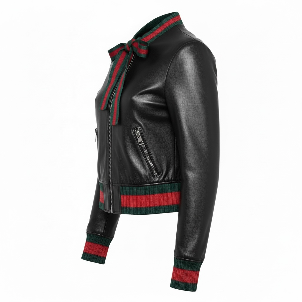 Women’s Black Leather Bomber Jacket with Iconic Stripe Accent