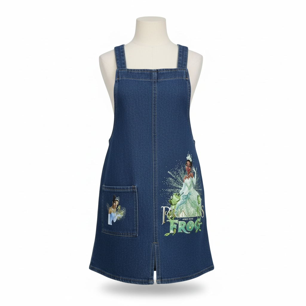 Denim apron with 'The Princess and the Frog' design on a mannequin against a white background