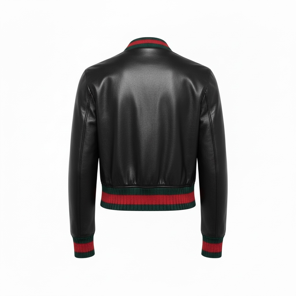 Women’s Black Leather Bomber Jacket with Iconic Stripe Accent