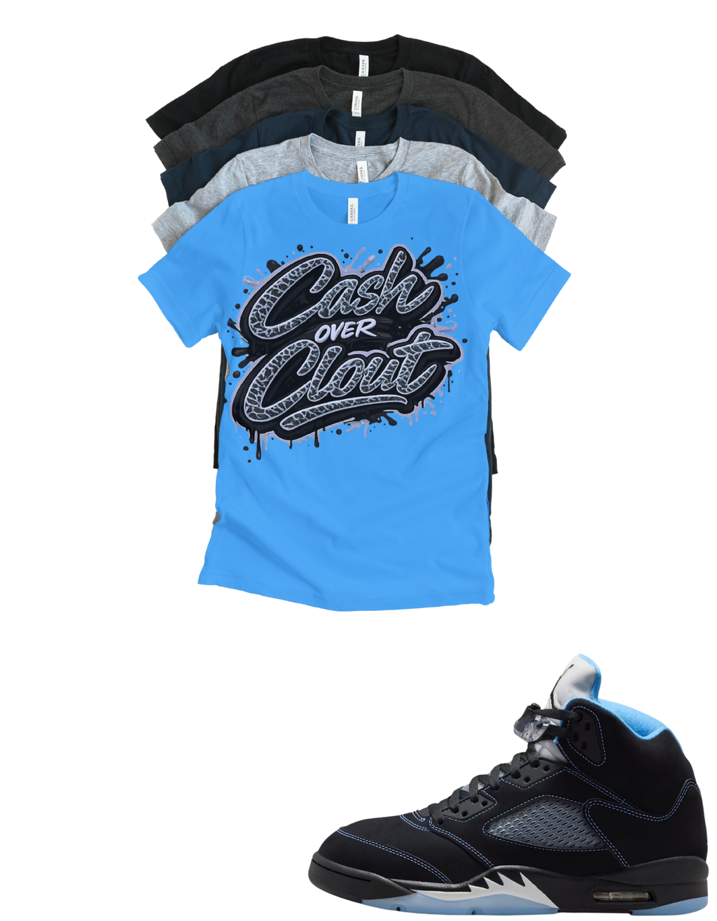 Custom Printed Shirt To Match Jordan 5 Black Carolina Cash Over Clout Sneaker Tee