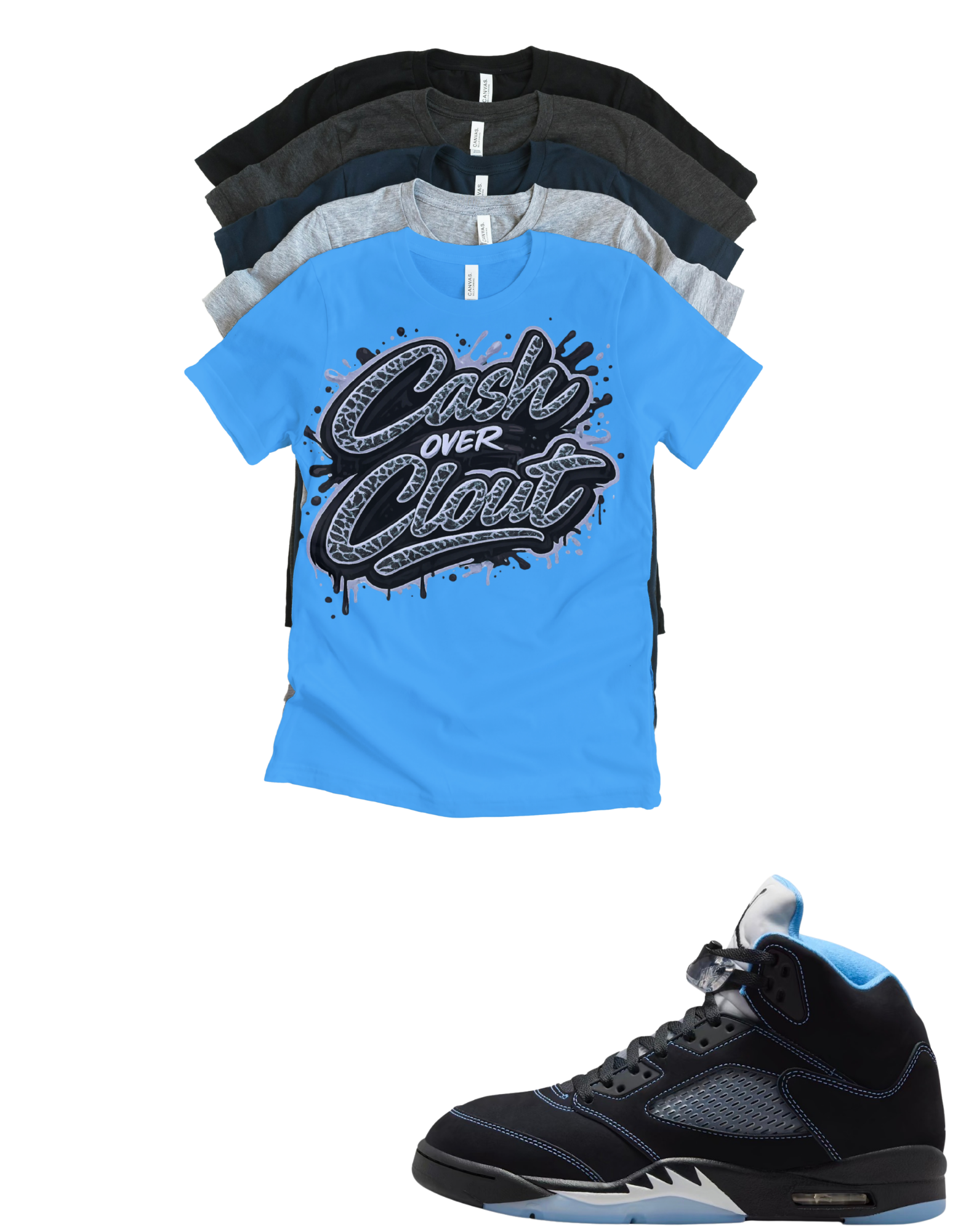 Custom Printed Shirt To Match Jordan 5 Black Carolina Cash Over Clout Sneaker Tee