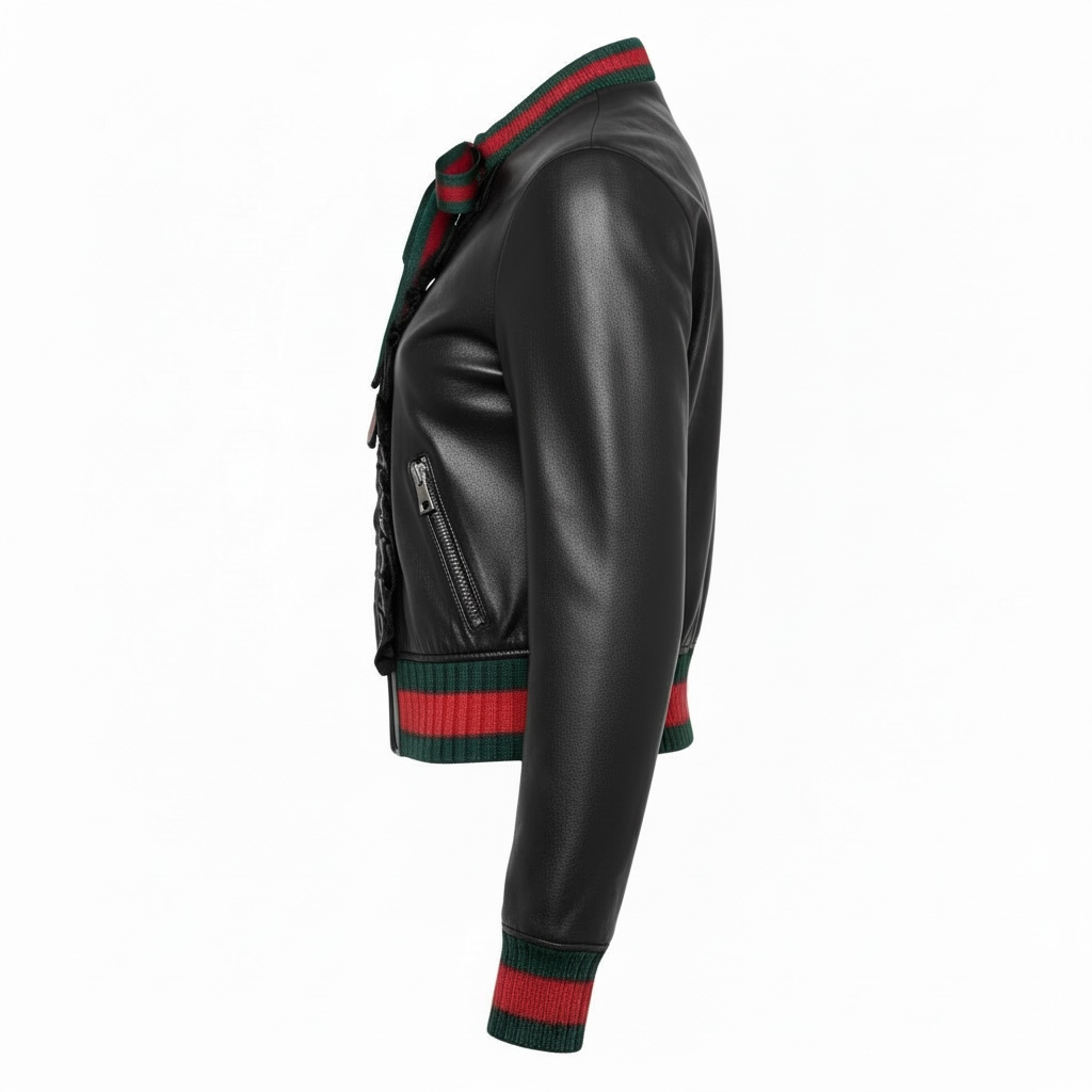 Women’s Black Leather Bomber Jacket with Iconic Stripe Accent