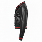 Women’s Black Leather Bomber Jacket with Iconic Stripe Accent