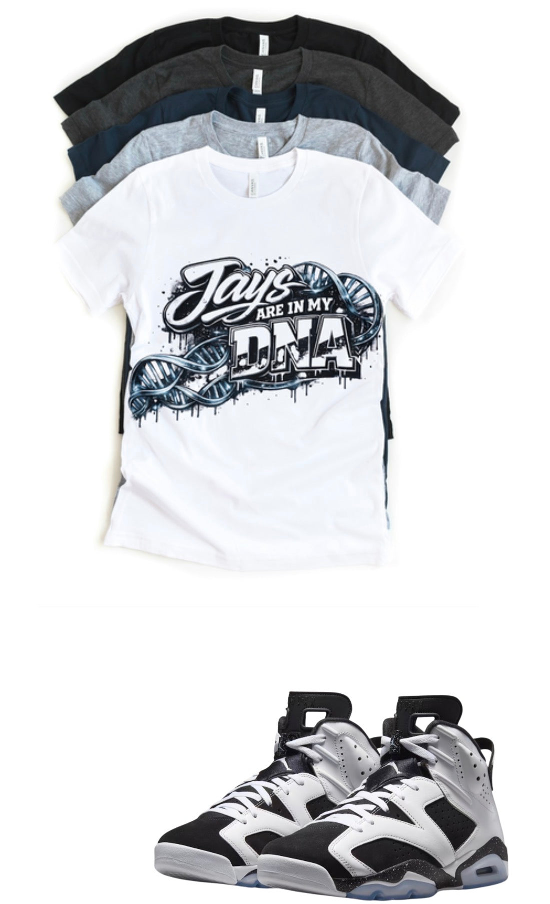 Jordan 6 Oreo Retro DNA Em Matching T-Shirt – Black & White Grey Sneaker Match Tee – Jordan 6 Outfit Shirt – Unisex Streetwear (Copy)