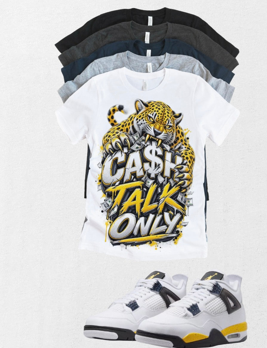Custom Printed Cash Only T-Shirt Matching Jordan 4 Retro “Tour Yellow” Retro OG sneakers