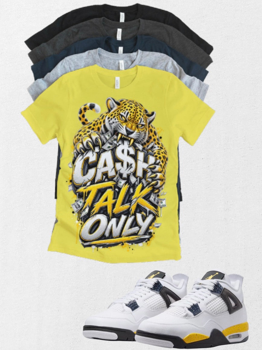Custom Printed Cash Only T-Shirt Matching Jordan 4 Retro “Tour Yellow” Retro OG sneakers