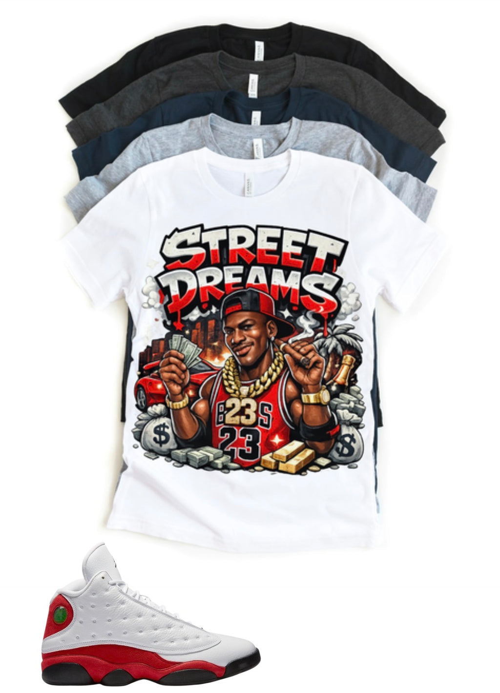 Street Dreams Jordan 13 Chicago Matching T-Shirt – Custom Sneaker Match Tee – Red White 13 Outfit Shirt – Unisex Streetwear (Copy)