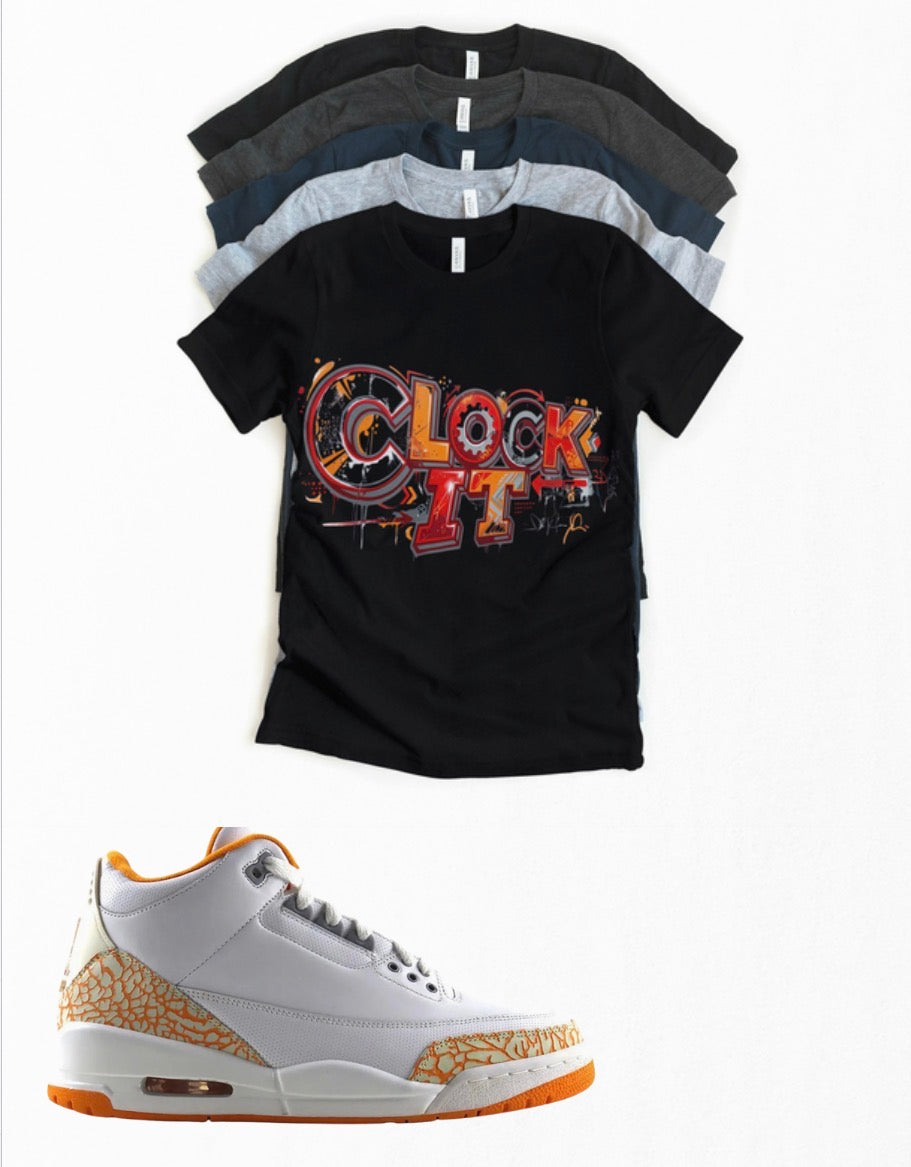 "Clock IT" Orange Citrus Jordan 3 sneaker matching T-shirt