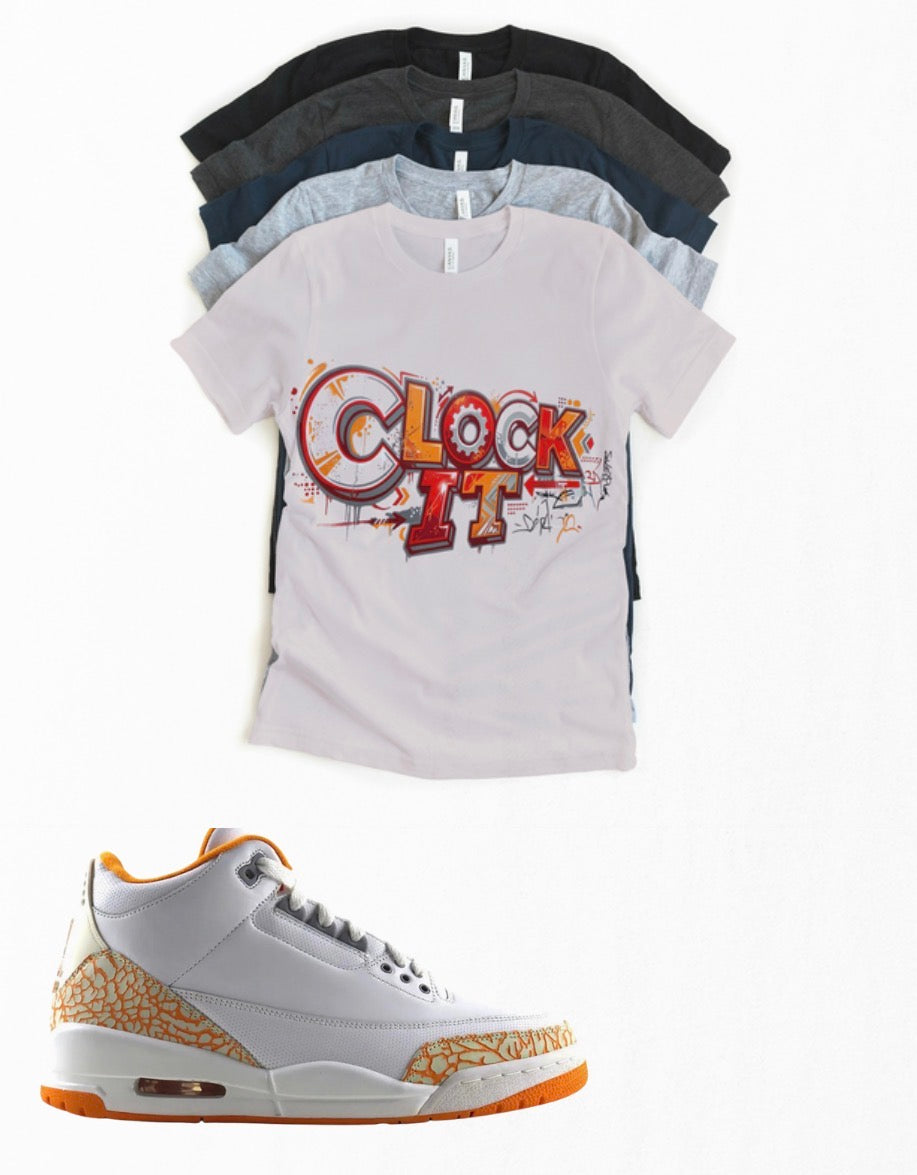 "Clock IT" Orange Citrus Jordan 3 sneaker matching T-shirt