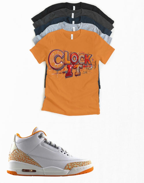 "Clock IT" Orange Citrus Jordan 3 sneaker matching T-shirt