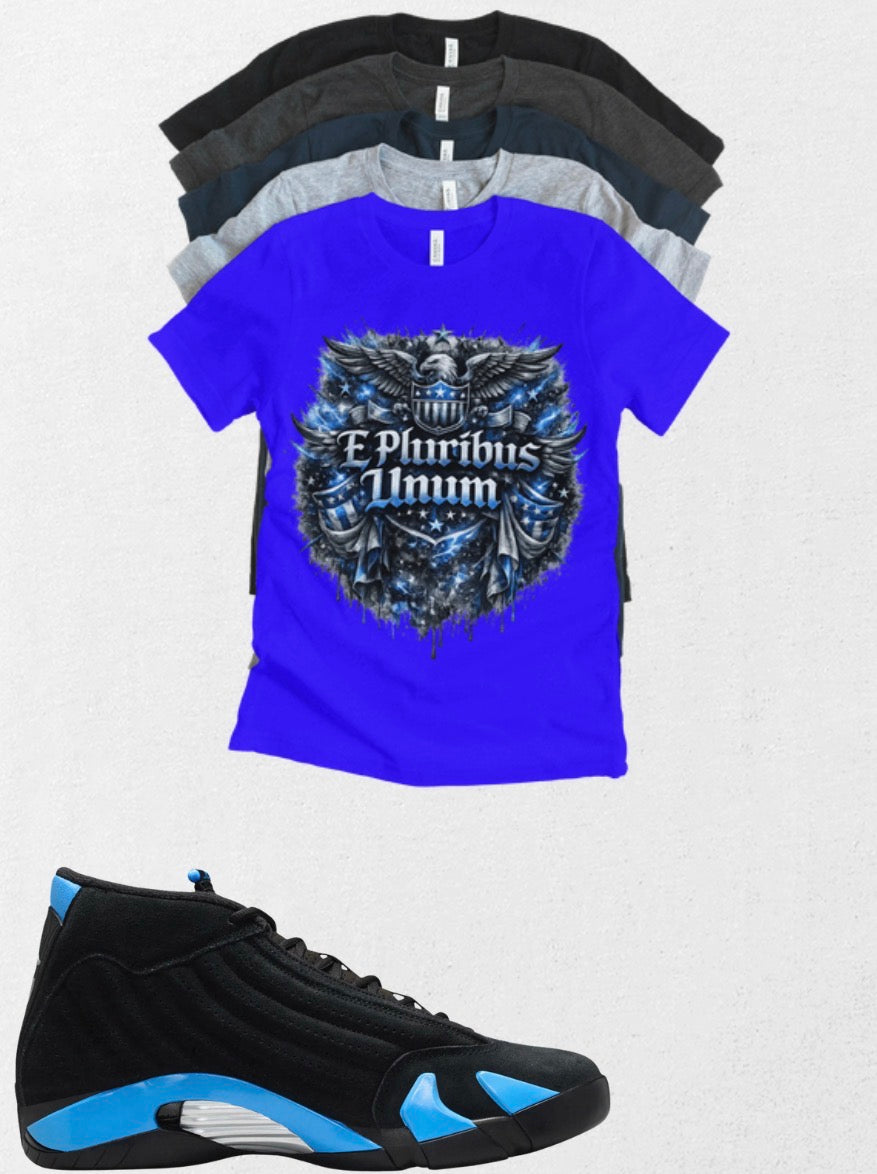 Eagle E Pluribus Unum Jordan 14 Black University Blue Matching T-Shirt – Custom Sneaker Match Tee – Jordan 14 Outfit Shirt – Streetwear Graphic Tee AJ14