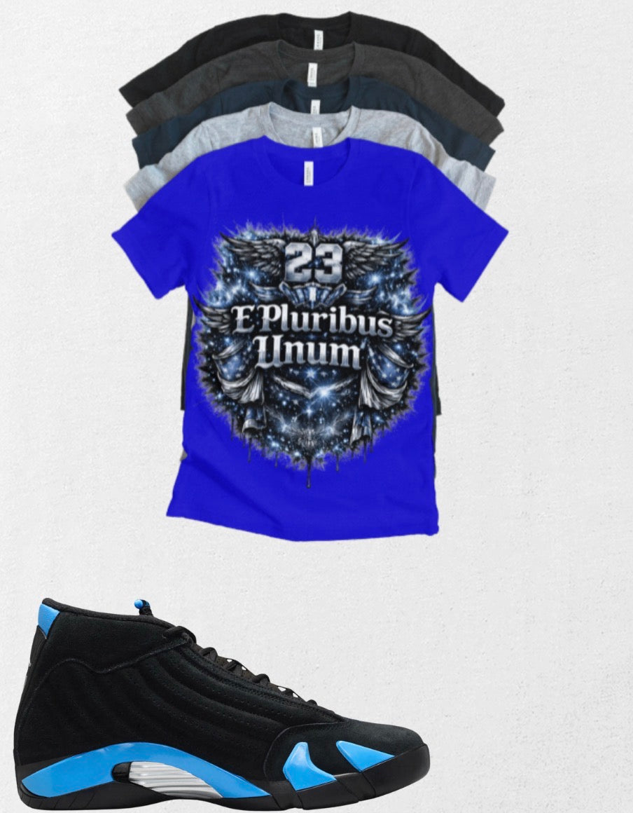 E Pluribus Unum 23 Jordan 14 Black University Blue Matching T-Shirt – Custom Sneaker Match Tee – Jordan 14 Outfit Shirt – Streetwear Graphic Tee
