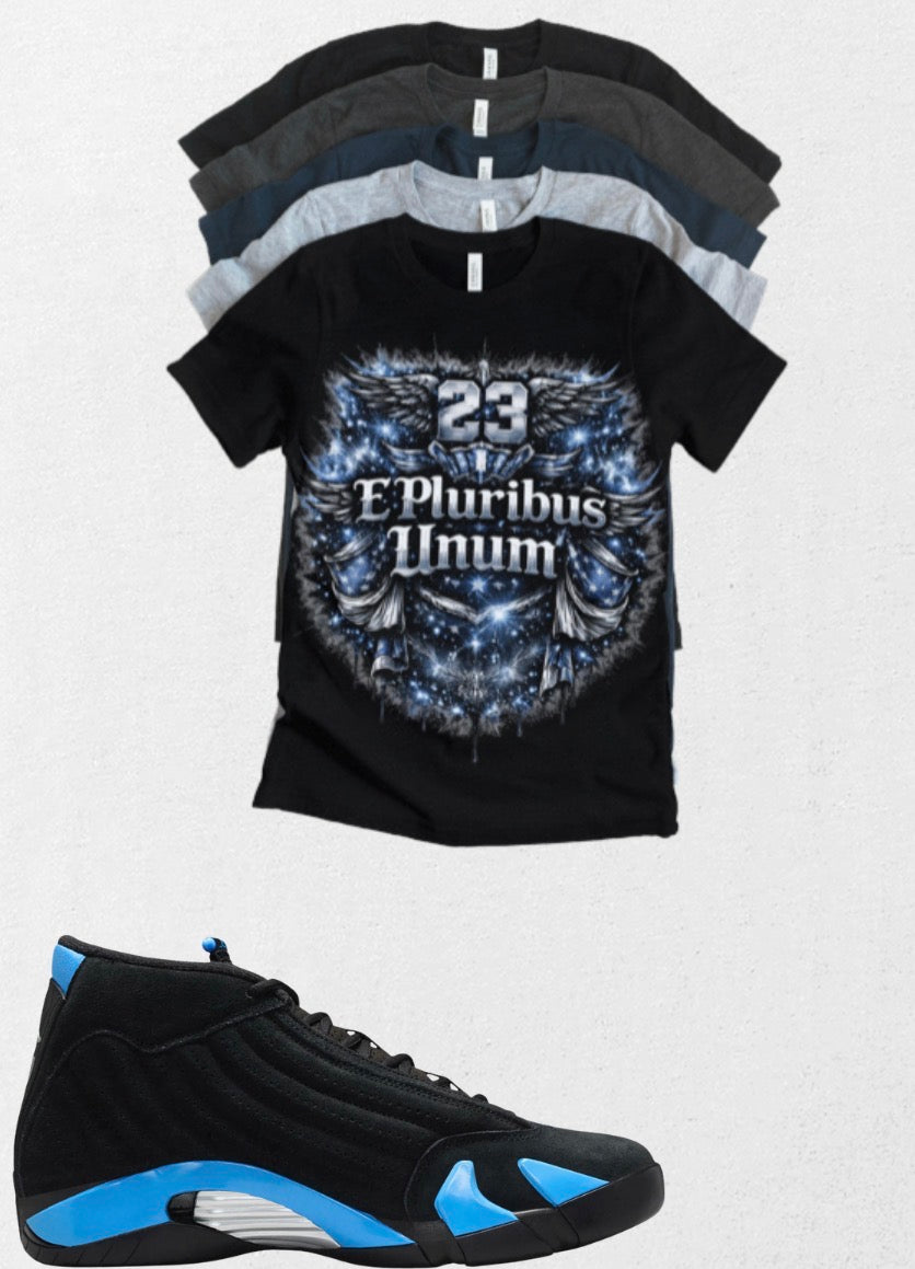 E Pluribus Unum 23 Jordan 14 Black University Blue Matching T-Shirt – Custom Sneaker Match Tee – Jordan 14 Outfit Shirt – Streetwear Graphic Tee