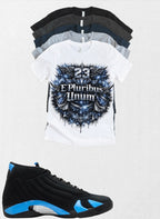 E Pluribus Unum 23 Jordan 14 Black University Blue Matching T-Shirt – Custom Sneaker Match Tee – Jordan 14 Outfit Shirt – Streetwear Graphic Tee