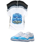 Rags to Riches Jordan 11 Low UNC Matching T-Shirt – University Blue Sneaker Match Tee – UNC 11 Outfit Shirt – Unisex Streetwear