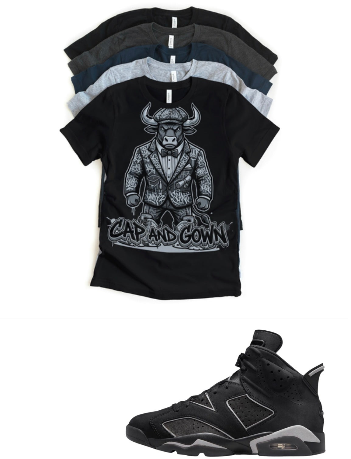 Jordan 6 No Bull Cap and Gown Matching T-Shirt – Black & Light Grey Sneaker Match Tee – Jordan 6 Outfit Shirt – Unisex Streetwear