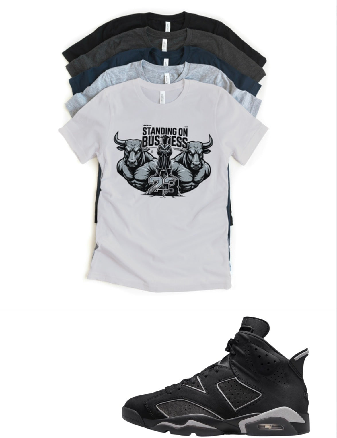 Jordan 6 Cap and Gown Standing on Business Matching T-Shirt – Black & Light Grey Sneaker Match Tee – Jordan 6 Outfit Shirt – Unisex Streetwear