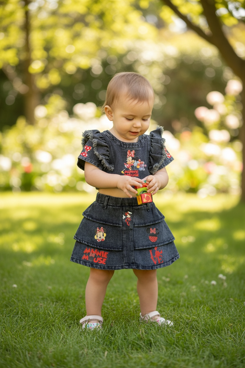 Custom Minnie Mouse Denim Jacket & Skirt Set
