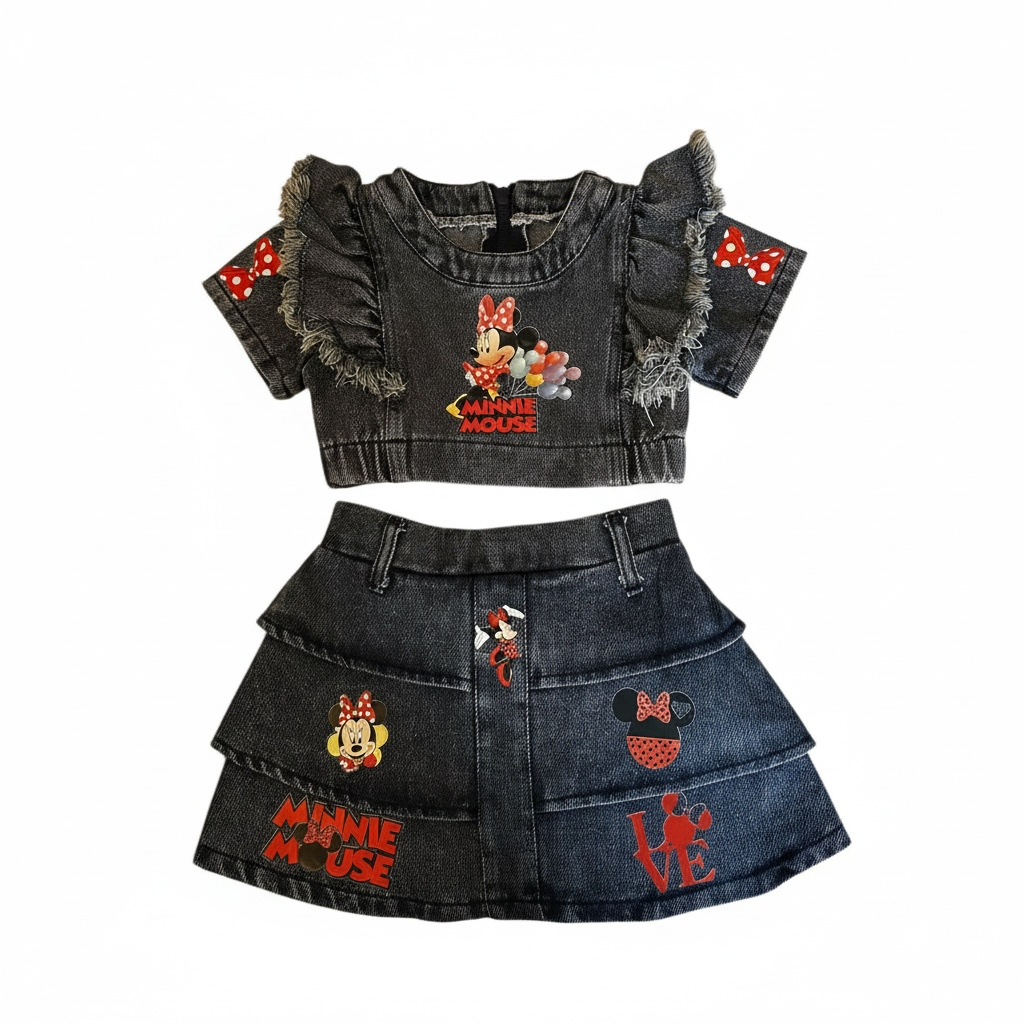 Custom Minnie Mouse Denim Jacket & Skirt Set
