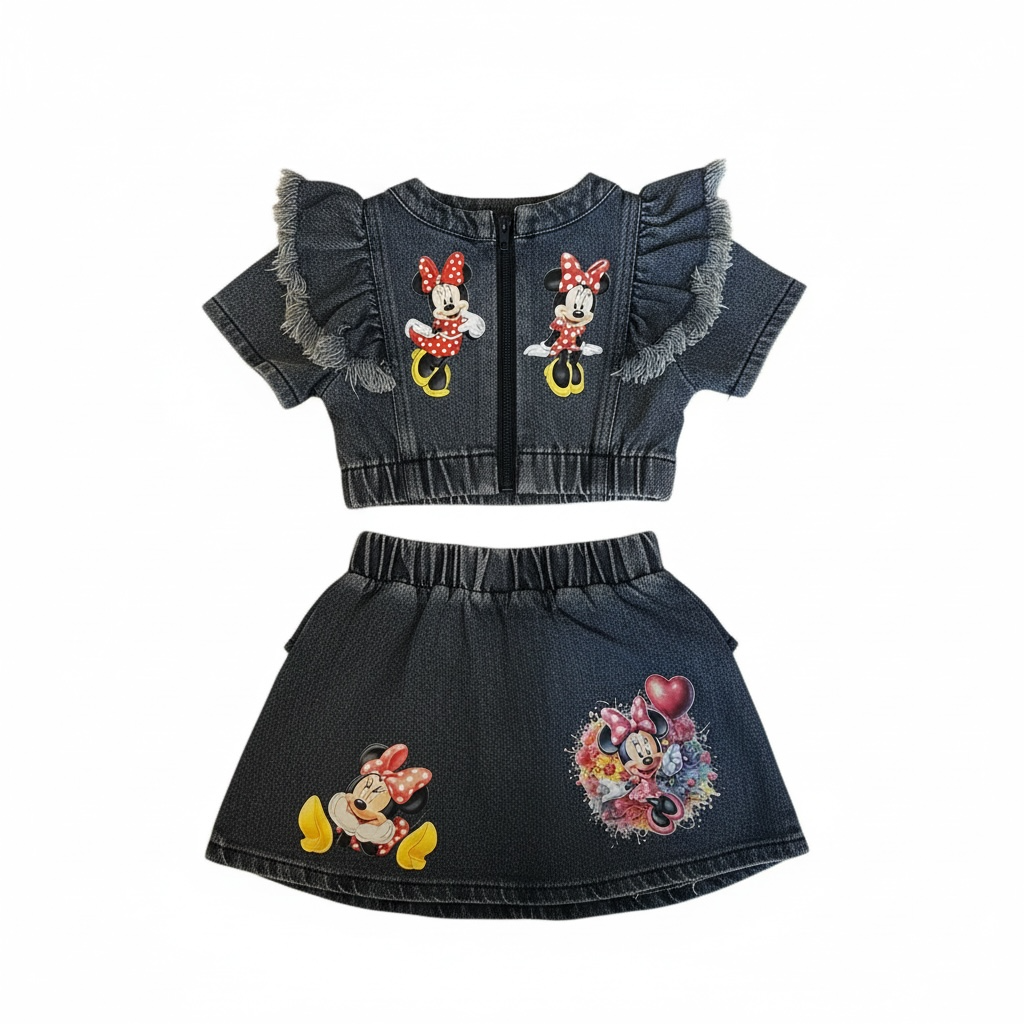 Custom Minnie Mouse Denim Jacket & Skirt Set