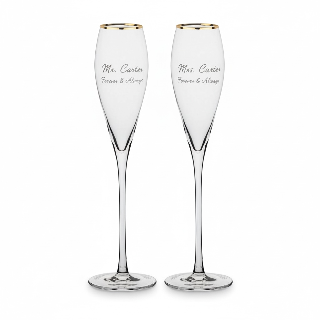 Engraved Gold Rim Tulip Shaped Champagne Flutes, Set of 2