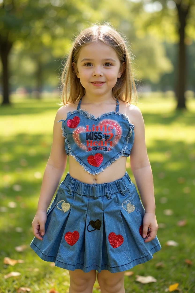 Little Miss Heartbeat Heart Denim Skirt Set for Girls