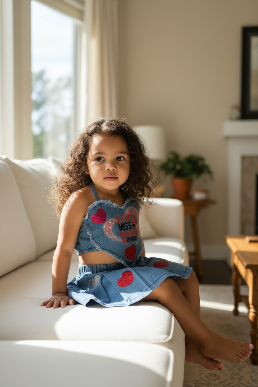 Little Miss Heartbeat Heart Denim Skirt Set for Girls