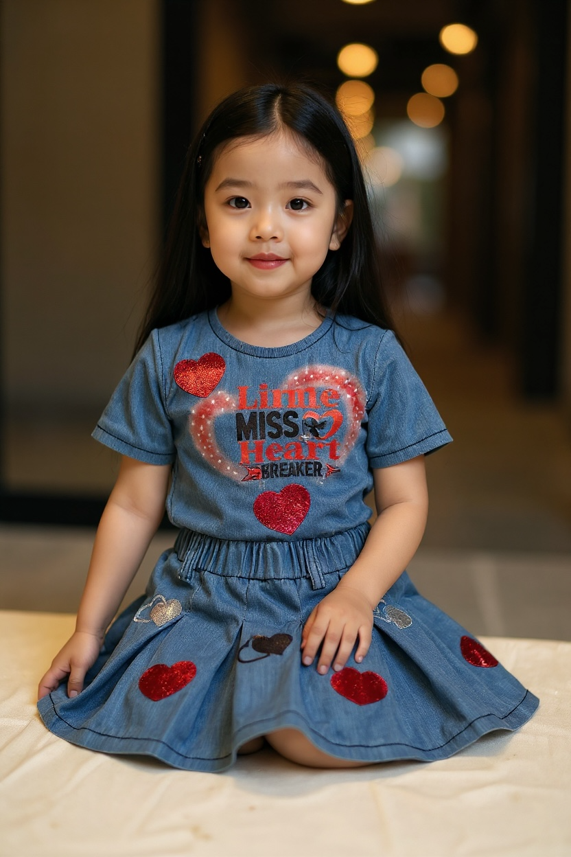 Little Miss Heartbeat Heart Denim Skirt Set for Girls