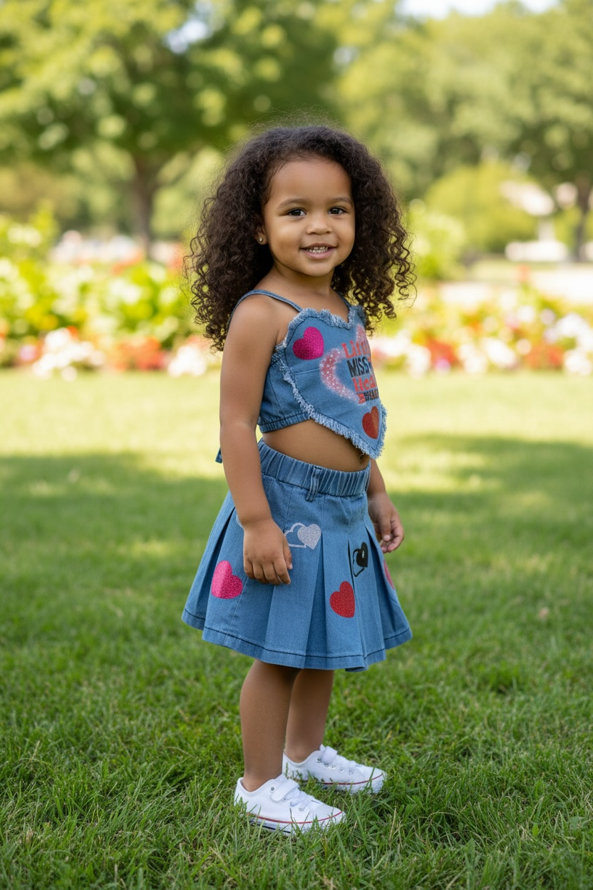 Little Miss Heartbeat Heart Denim Skirt Set for Girls