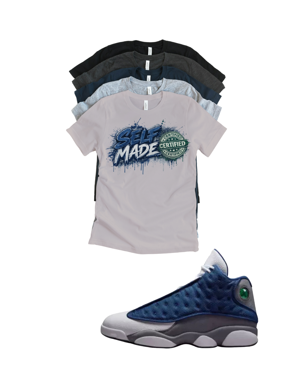 Custom Printed Shirt To Match Jordan 13 Navy and Flint Grey Sneaker Self Made tee