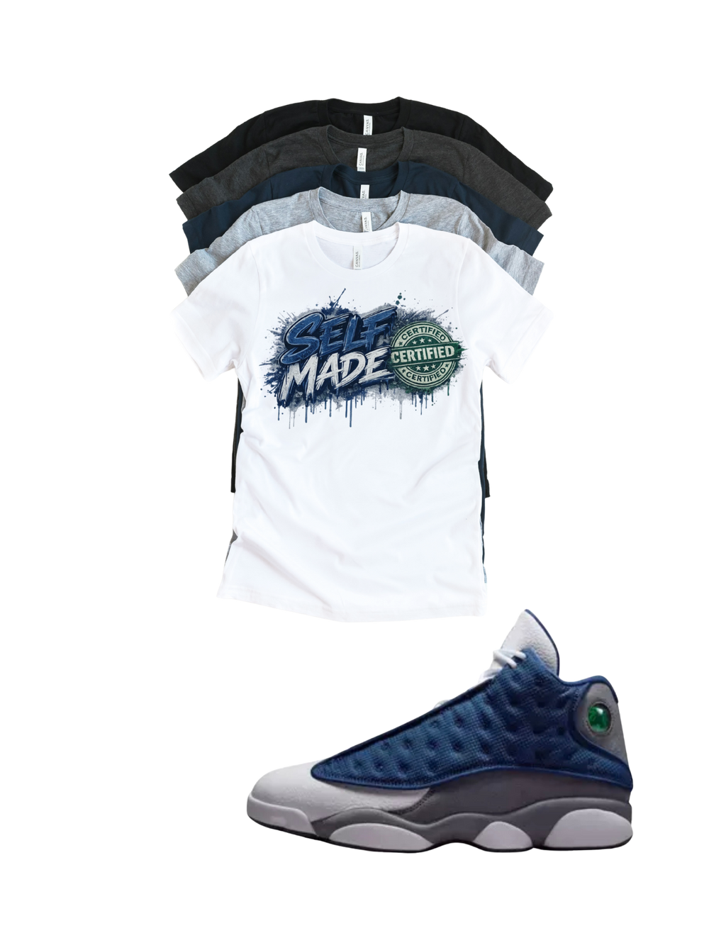 Custom Printed Shirt To Match Jordan 13 Navy and Flint Grey Sneaker Self Made tee