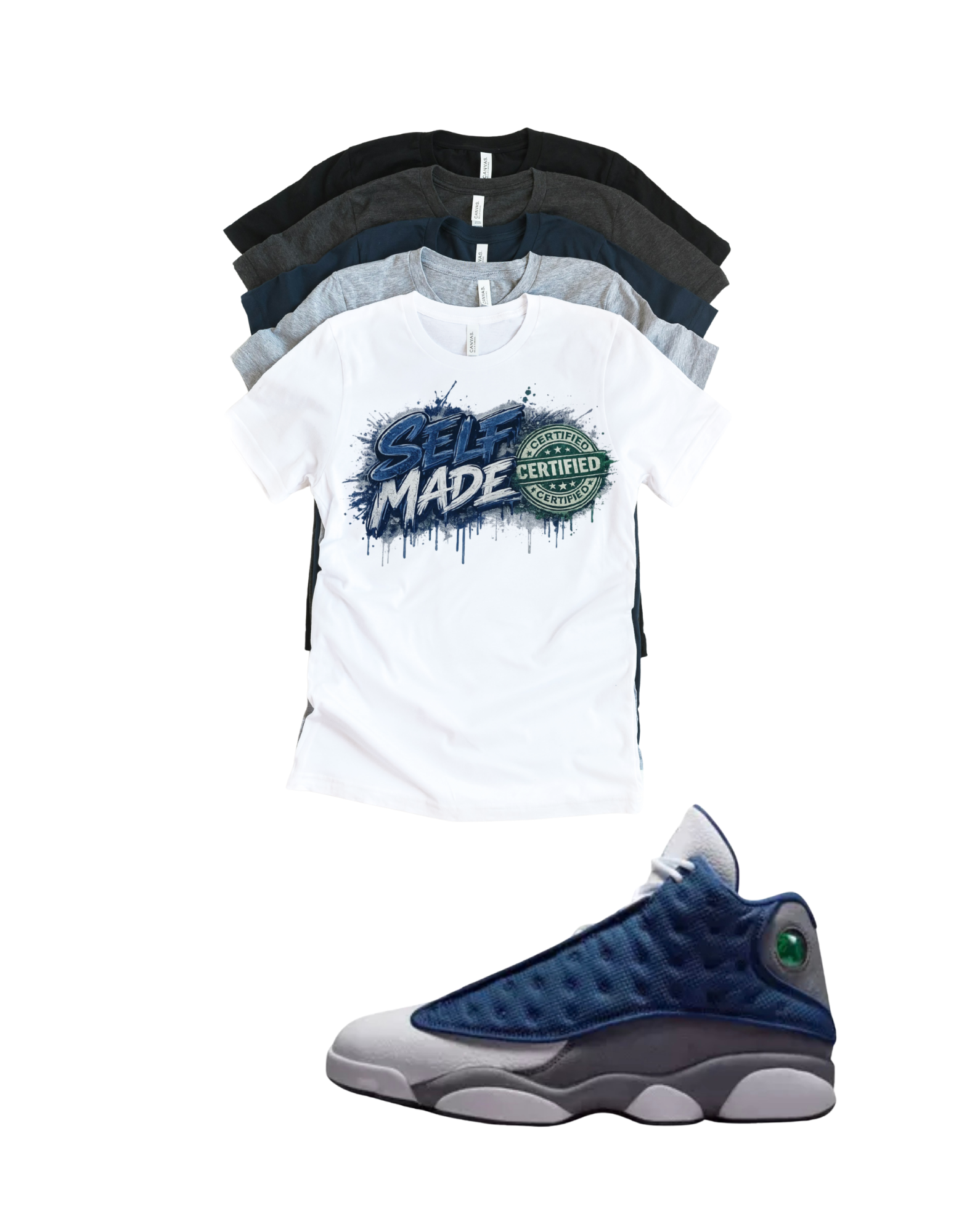 Custom Printed Shirt To Match Jordan 13 Navy and Flint Grey Sneaker Self Made tee