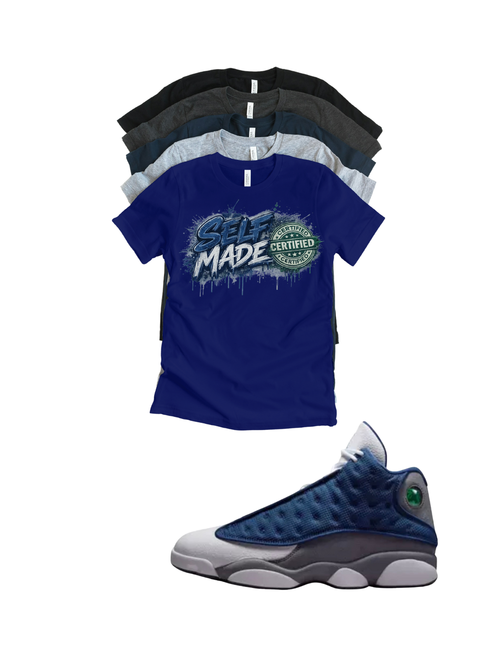 Custom Printed Shirt To Match Jordan 13 Navy and Flint Grey Sneaker Self Made tee