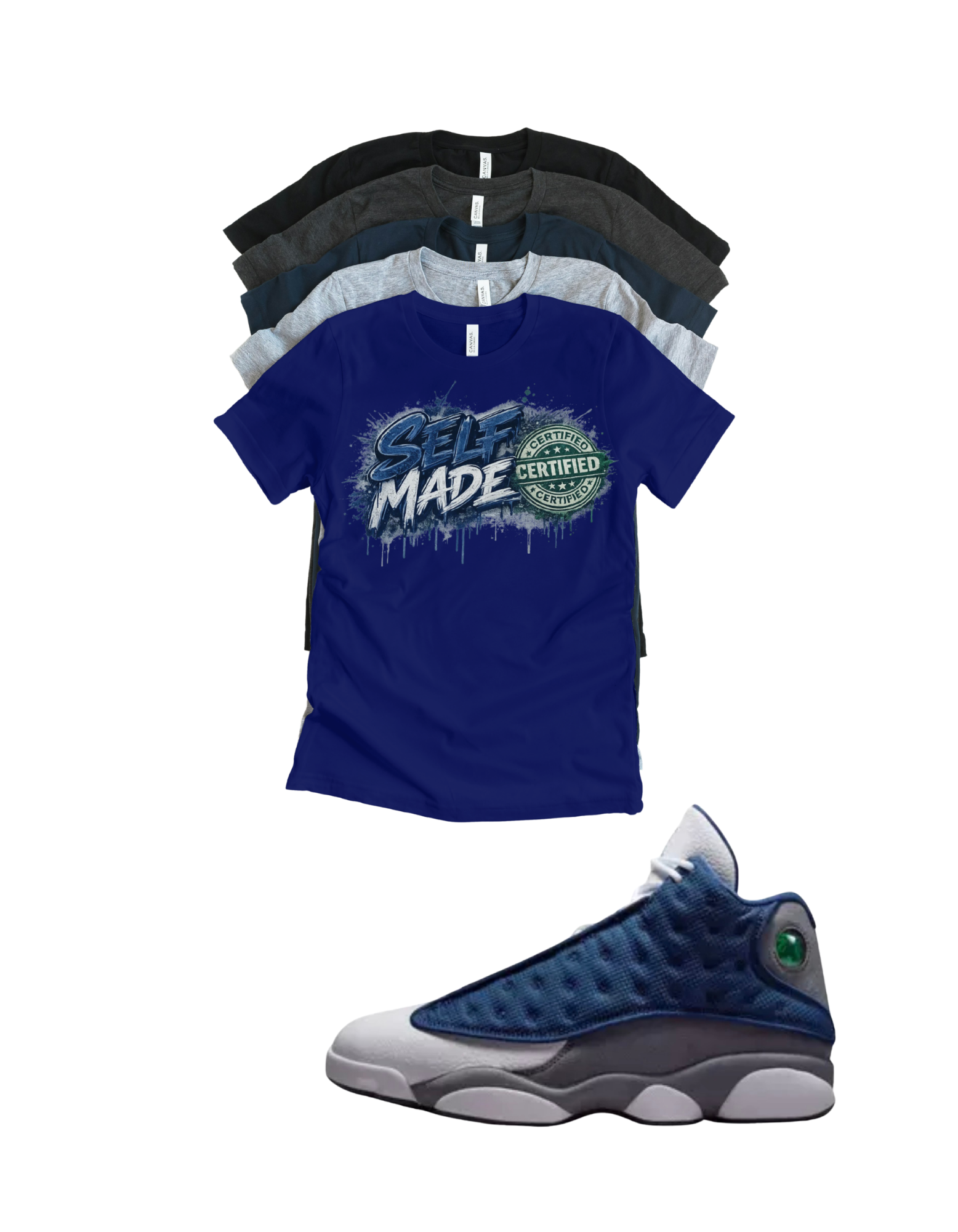 Custom Printed Shirt To Match Jordan 13 Navy and Flint Grey Sneaker Self Made tee
