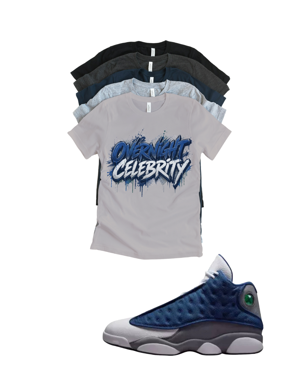 Custom Printed Shirt To Match Jordan 13 Navy and Flint Grey Sneaker Overnight Celebrity Tee