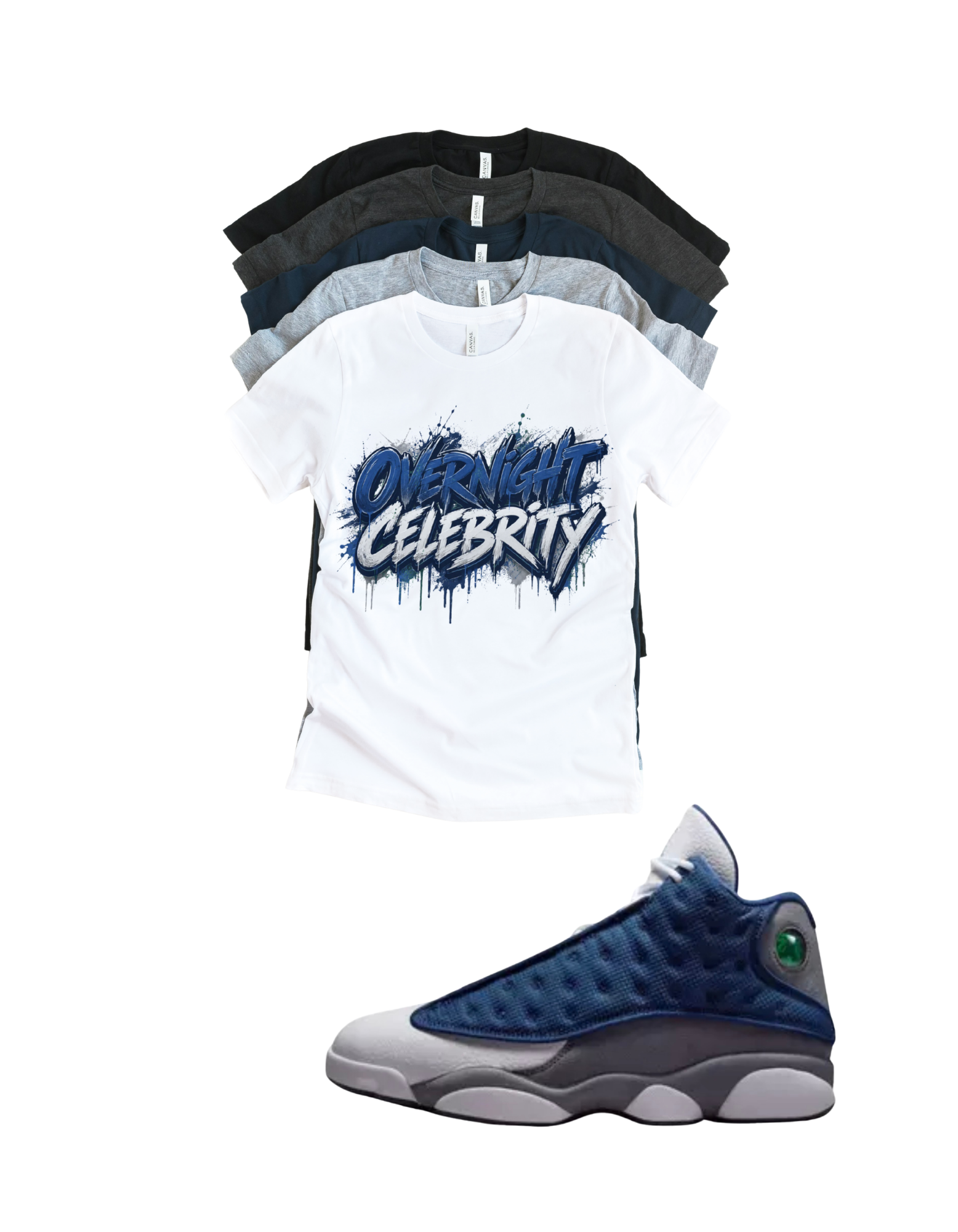 Custom Printed Shirt To Match Jordan 13 Navy and Flint Grey Sneaker Overnight Celebrity Tee