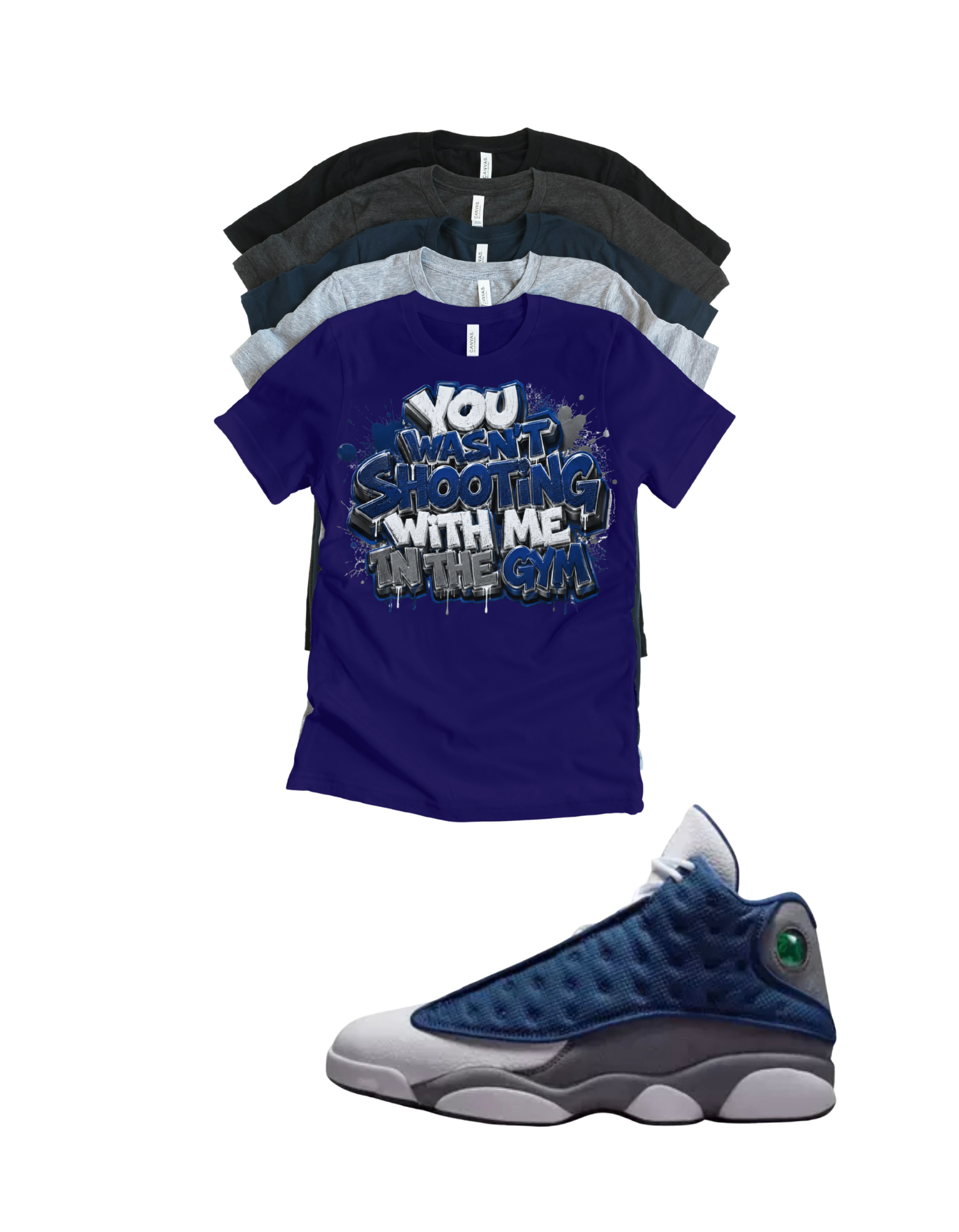 Custom Printed Shirt To Match Jordan 13 Navy and Flint Grey Sneaker Shooting Tee