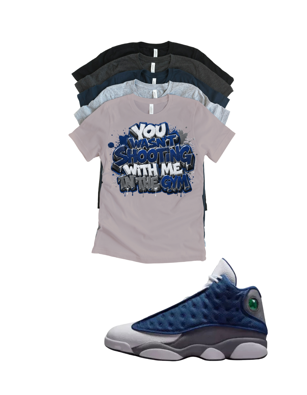 Custom Printed Shirt To Match Jordan 13 Navy and Flint Grey Sneaker Shooting Tee