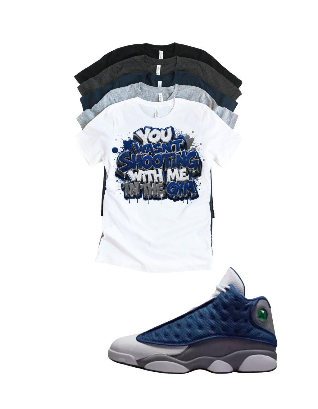 Custom Printed Shirt To Match Jordan 13 Navy and Flint Grey Sneaker Shooting Tee