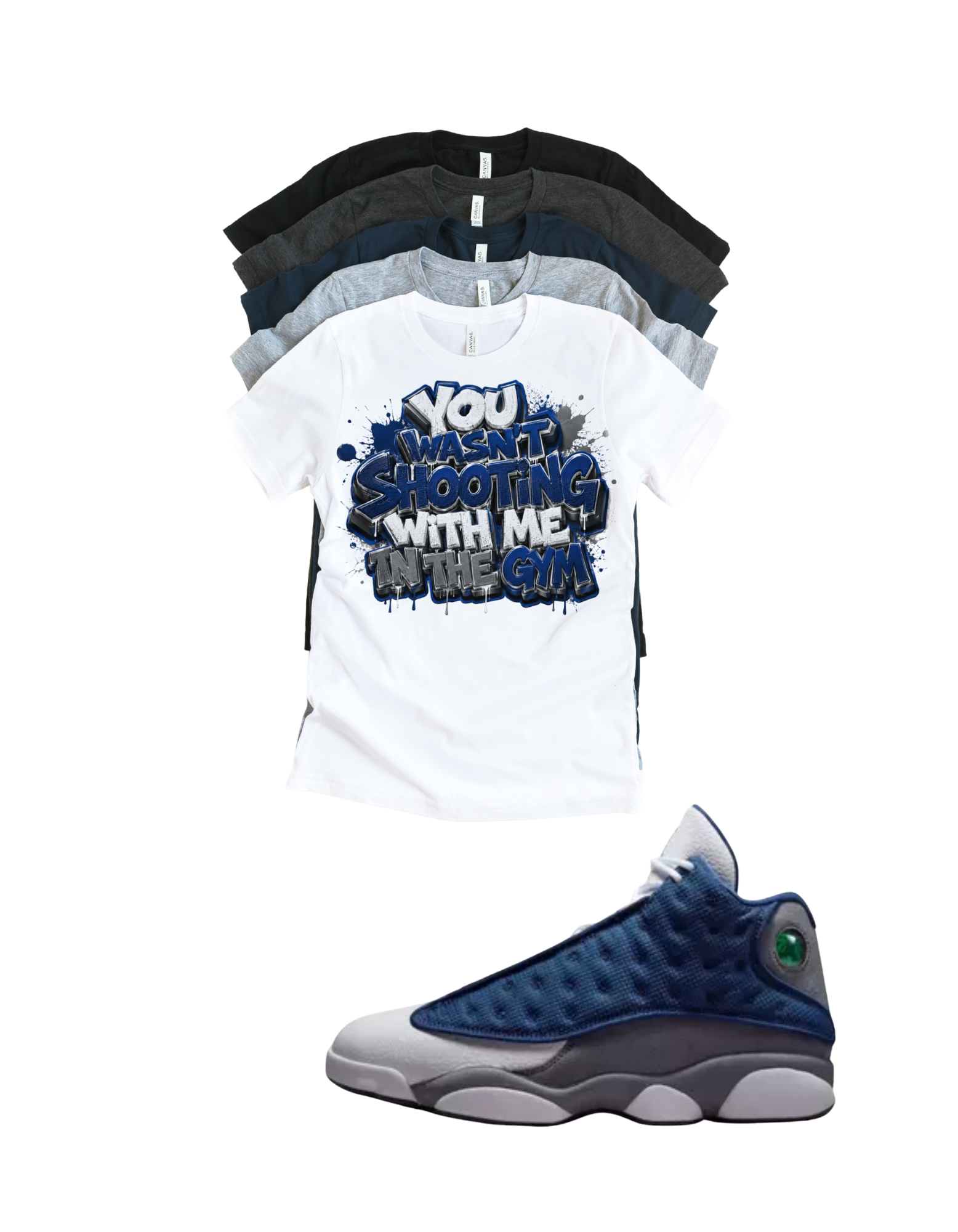 Custom Printed Shirt To Match Jordan 13 Navy and Flint Grey Sneaker Shooting Tee