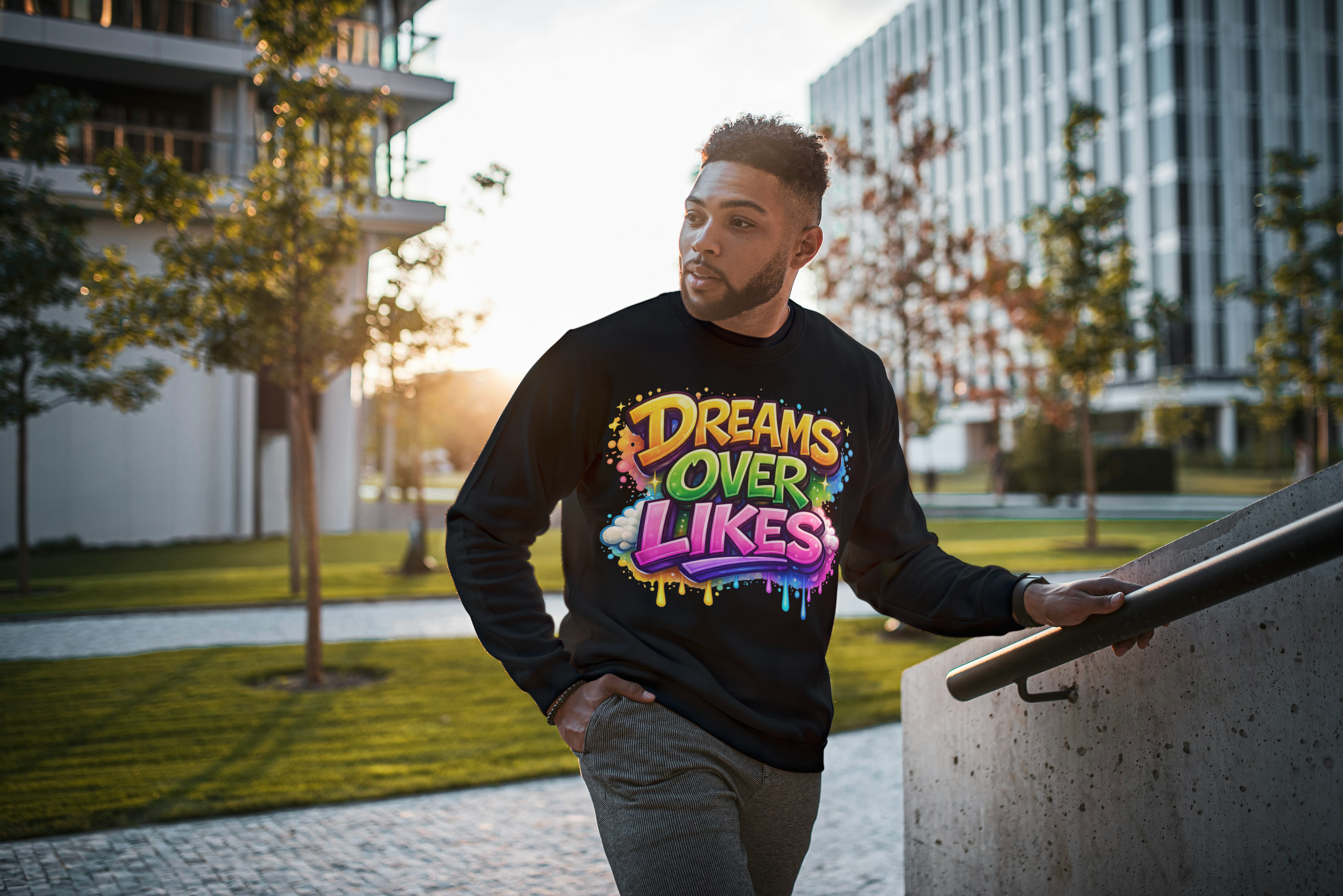 Dreams Over Likes Sweatshirt – Motivational 3D Pop Streetwear