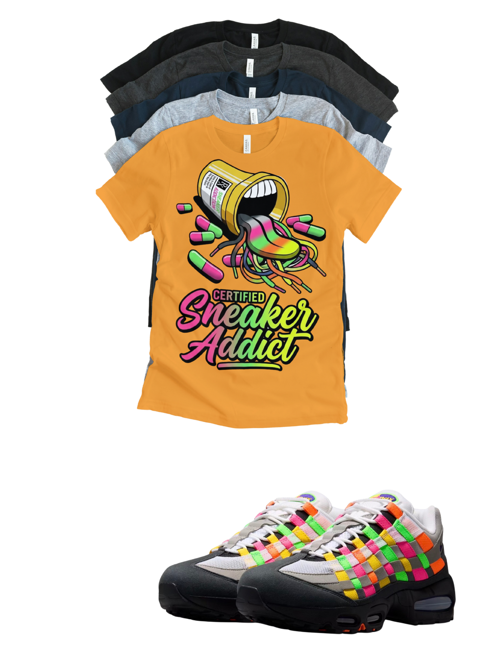 OG MAX Sneaker Addict Big Bubble Max 95 Woven Multi-colorway T-Shirt – Unisex Sneaker Tee