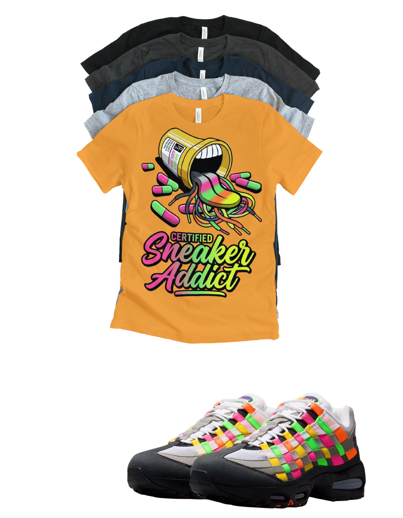 OG MAX Sneaker Addict Big Bubble Max 95 Woven Multi-colorway T-Shirt – Unisex Sneaker Tee