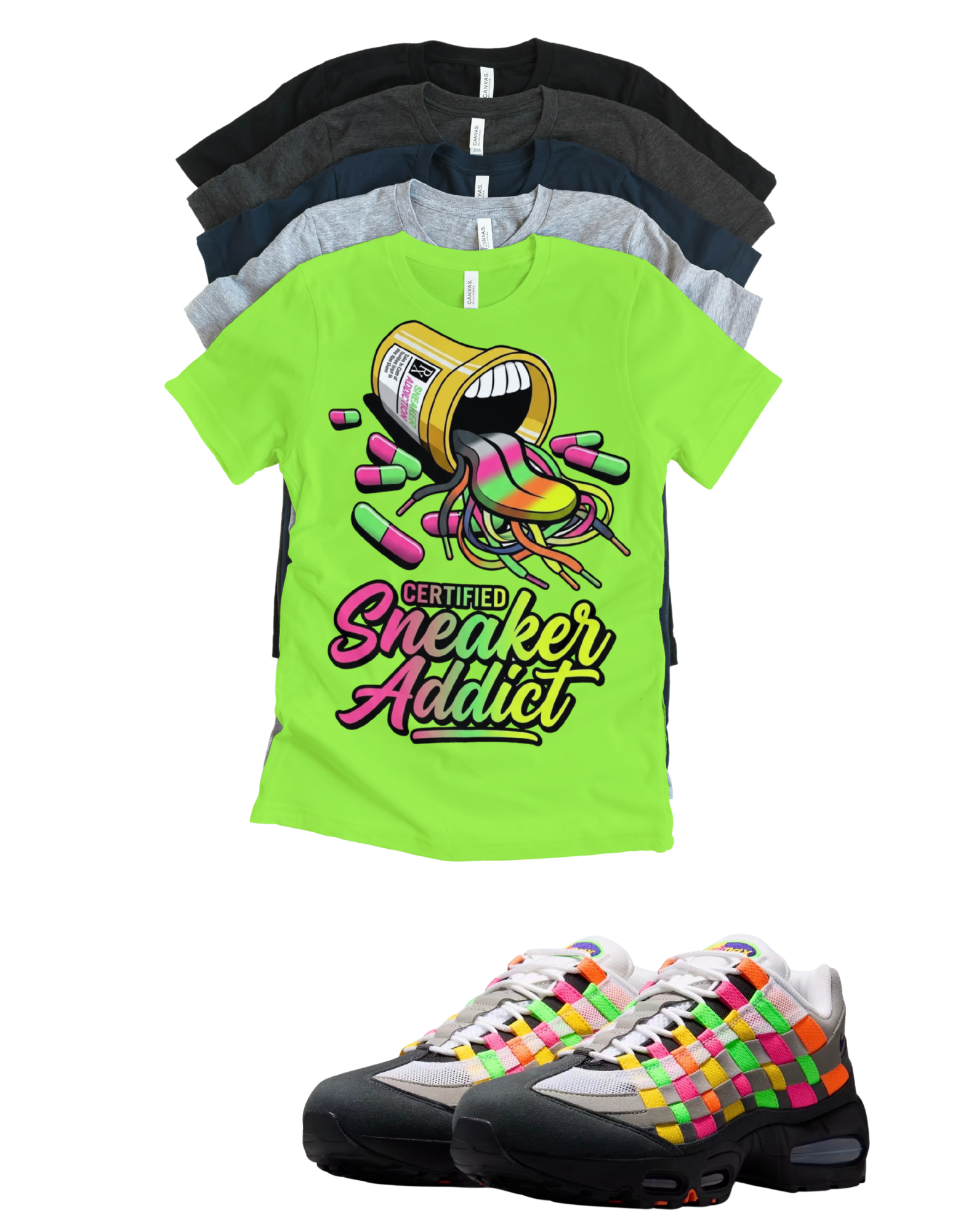 OG MAX Sneaker Addict Big Bubble Max 95 Woven Multi-colorway T-Shirt – Unisex Sneaker Tee