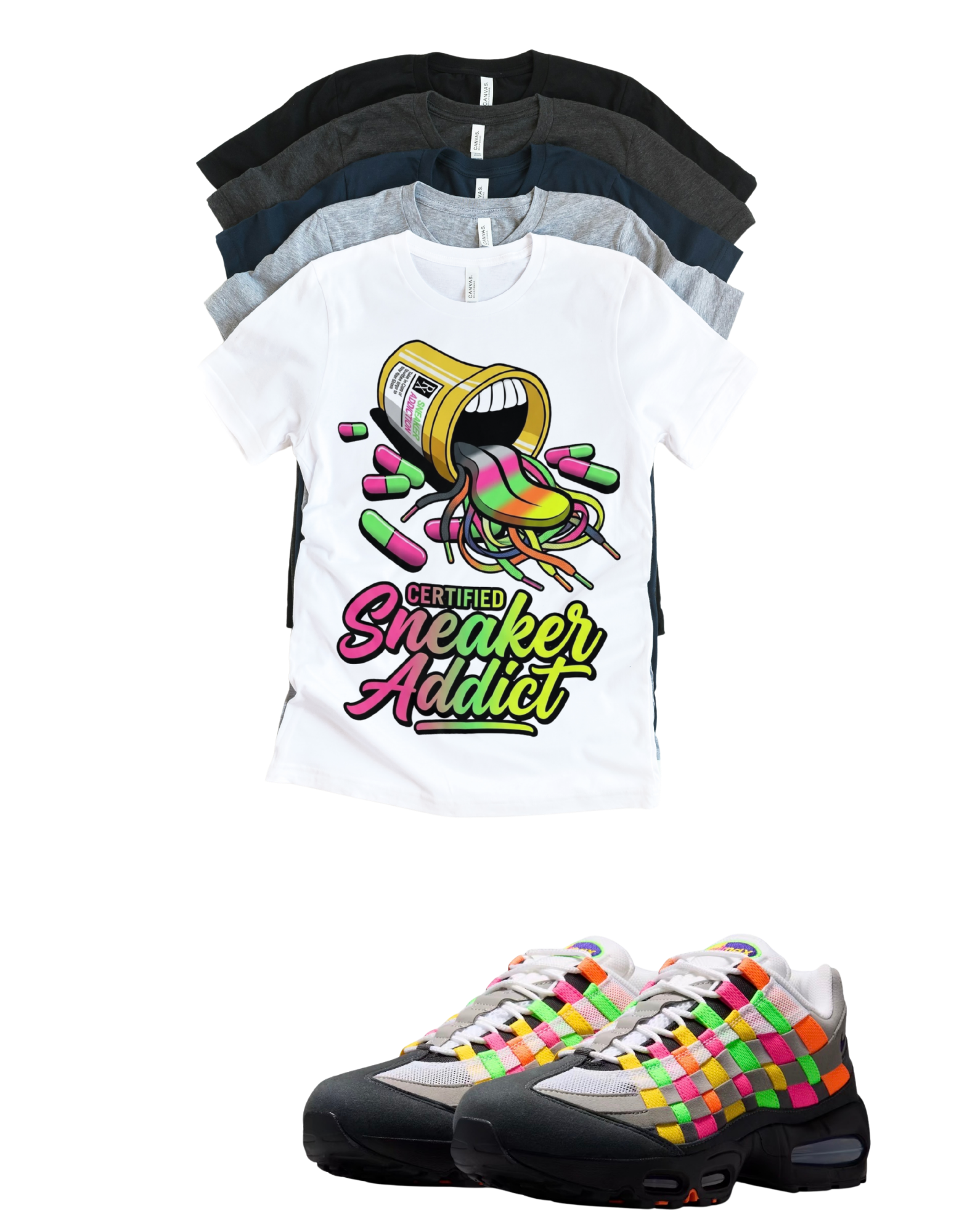 OG MAX Sneaker Addict Big Bubble Max 95 Woven Multi-colorway T-Shirt – Unisex Sneaker Tee