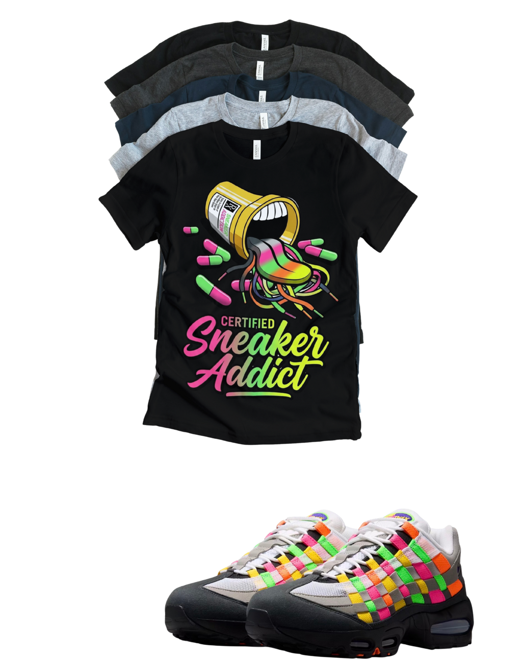 OG MAX Sneaker Addict Big Bubble Max 95 Woven Multi-colorway T-Shirt – Unisex Sneaker Tee