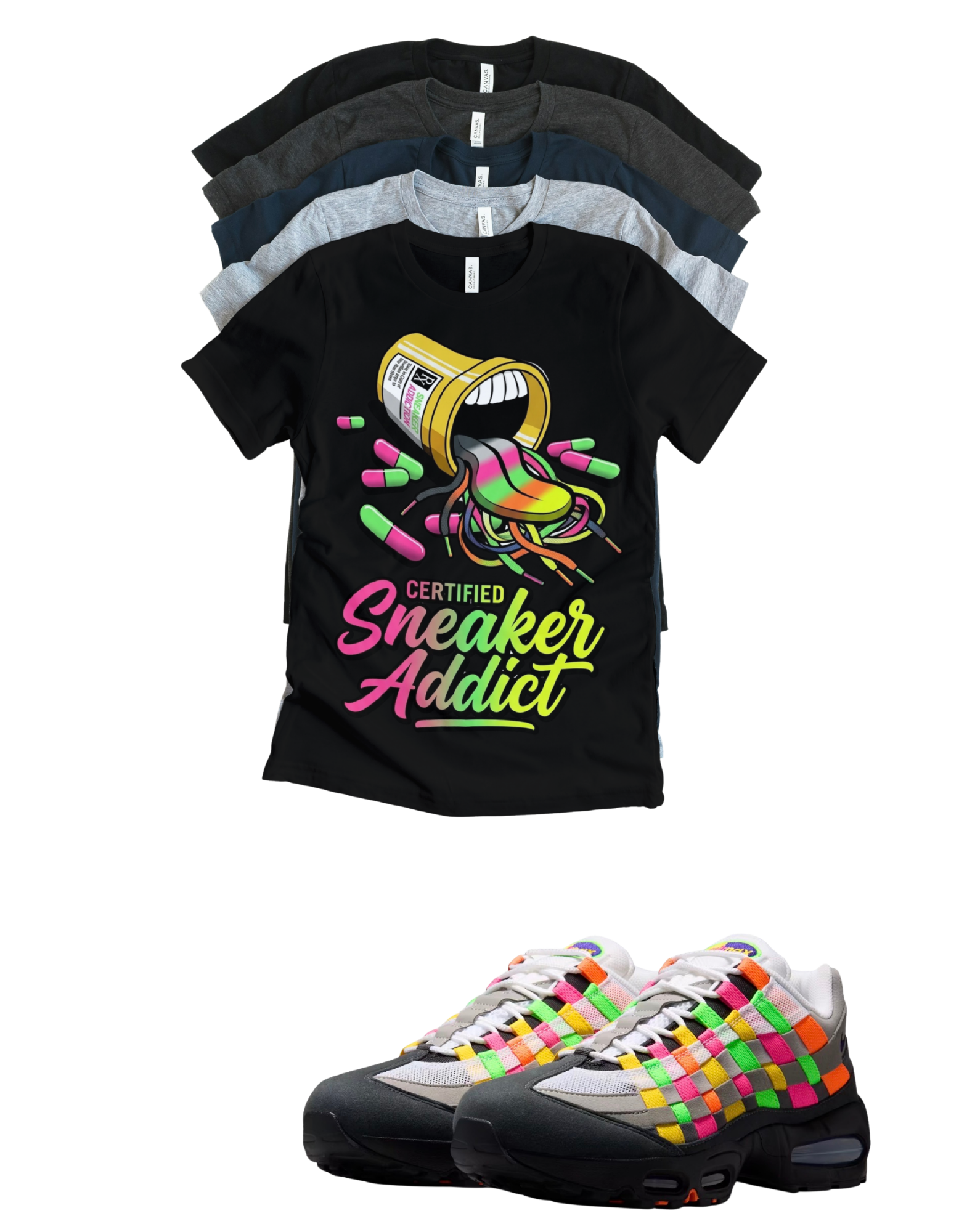 OG MAX Sneaker Addict Big Bubble Max 95 Woven Multi-colorway T-Shirt – Unisex Sneaker Tee